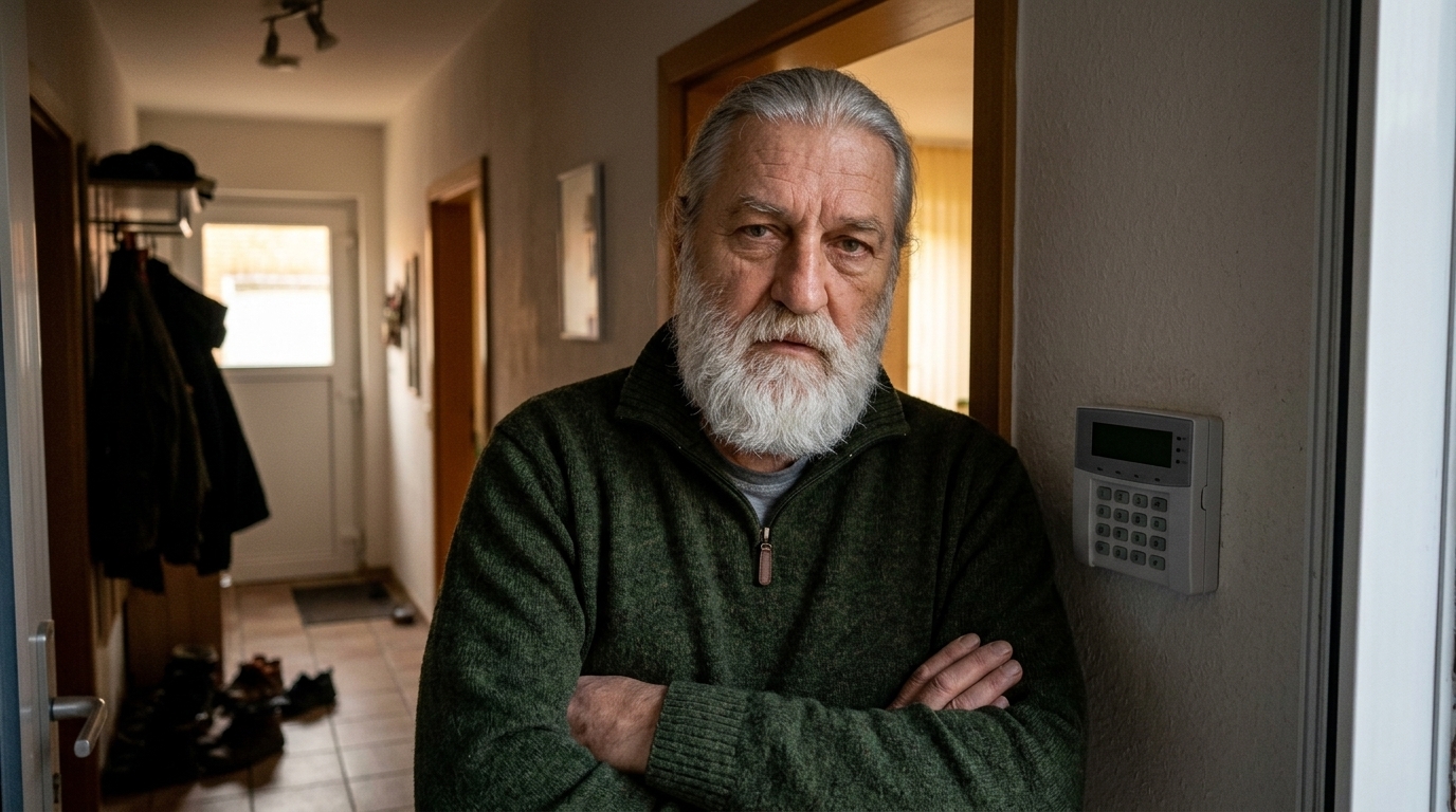 Bernd Falk steht im Flur neben einem an der Wand montierten Alarm-Bedienfeld, die Arme verschränkt, ruhiger und skeptischer Blick