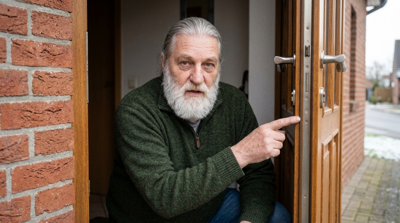 Bernd Falk kniet vor einer geöffneten Haustür und zeigt mit dem Finger auf die Stelle im Türrahmen, an der das Schließblech sitzt