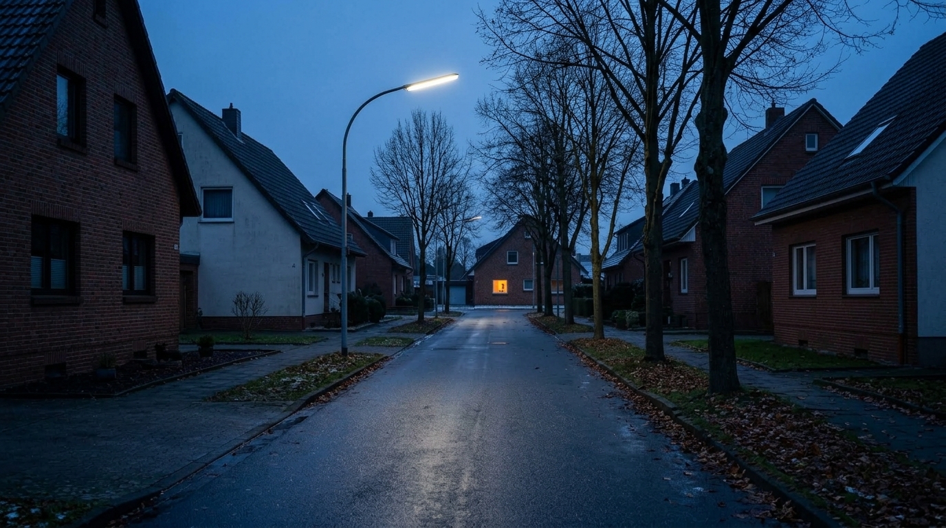 Ruhige Wohnstraße im Spätherbst um fünf Uhr nachmittags, bereits dunkel, die meisten Häuser ohne Licht