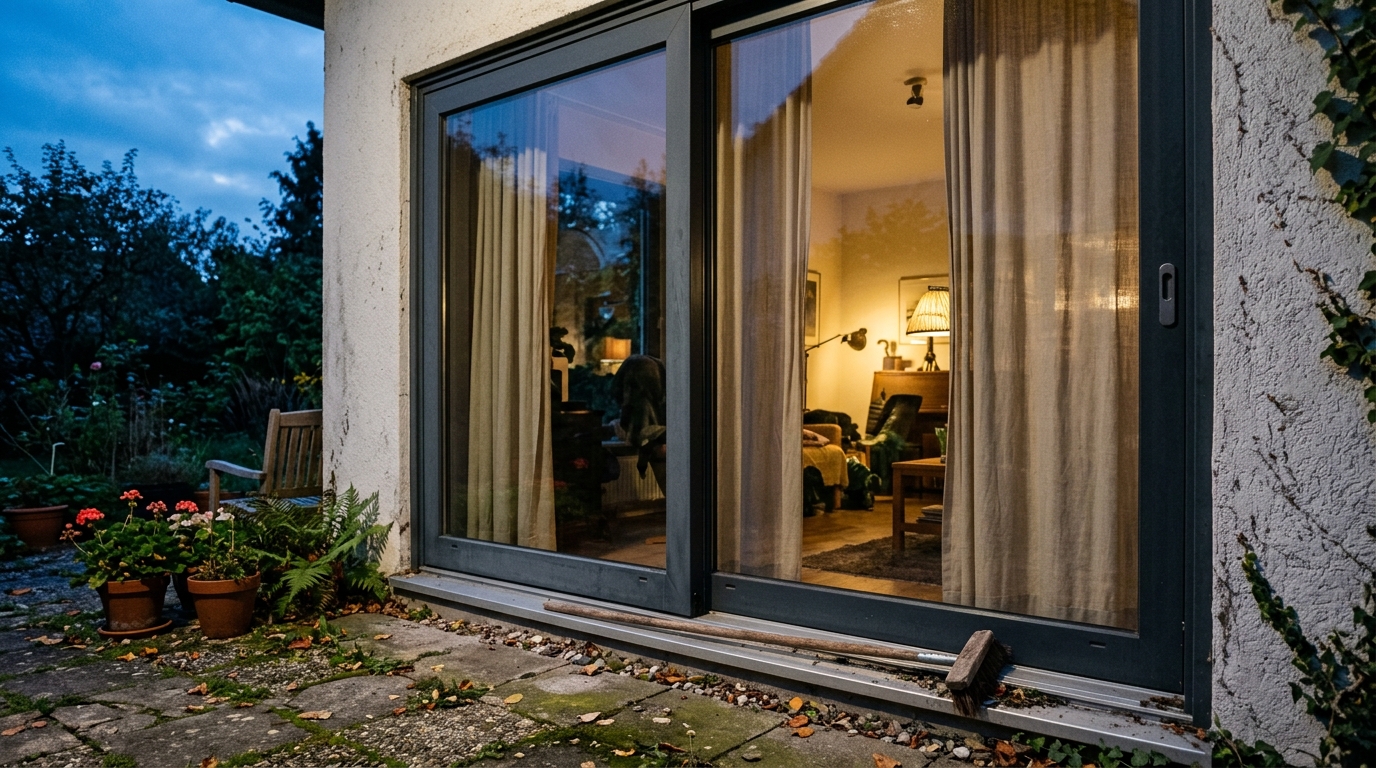 Deutsche Terrassentür in der Dämmerung von der Gartenseite gesehen, Vorhänge halb zugezogen, warmes Licht dahinter